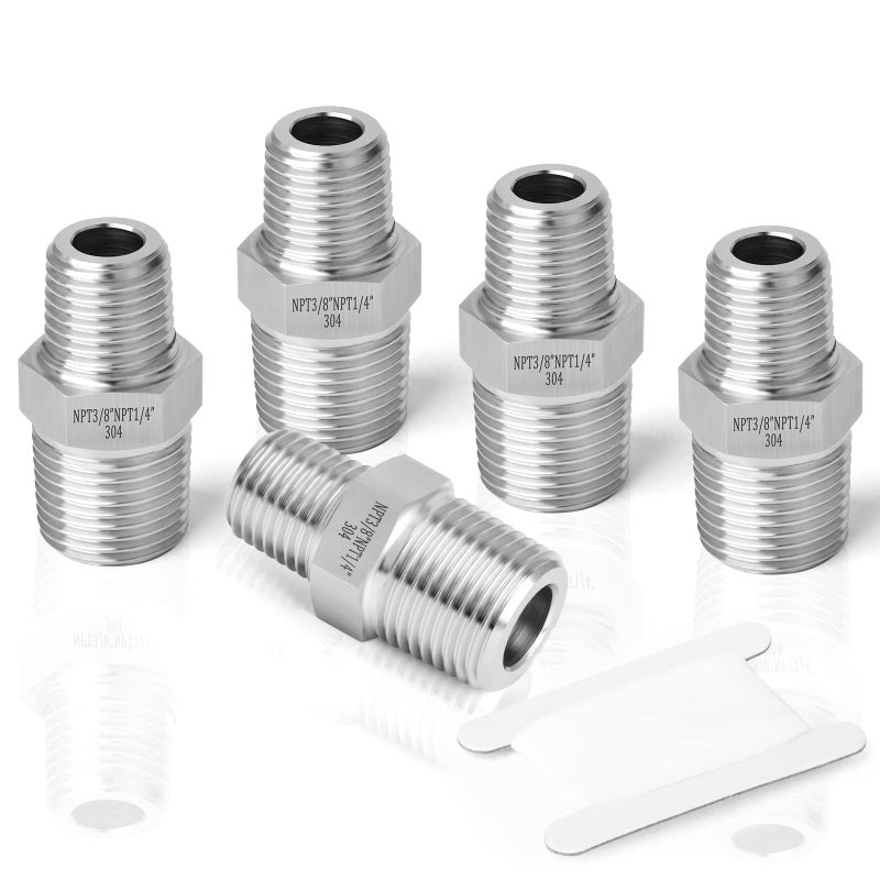 TAISHER 5PCS 304 Stainless Steel Hex Nipple, Reducer Pipe Fitting 3/8-Inch Male Pipe x 1/4-Inch Male Pipe - Image 1